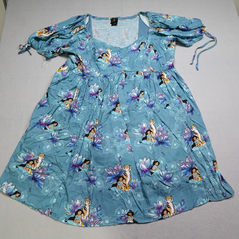 Disney Princess Jasmine Dress Womens 4 Blue Smocked Puff Sleeve Floral Rajah